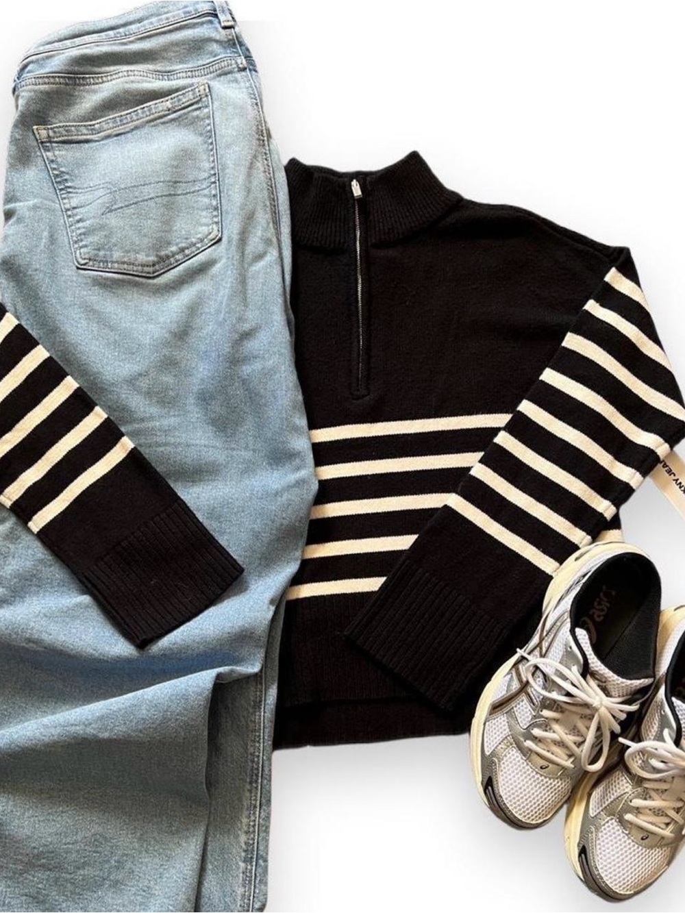 DKNY Black & White Striped Quarter-Zip Sweater